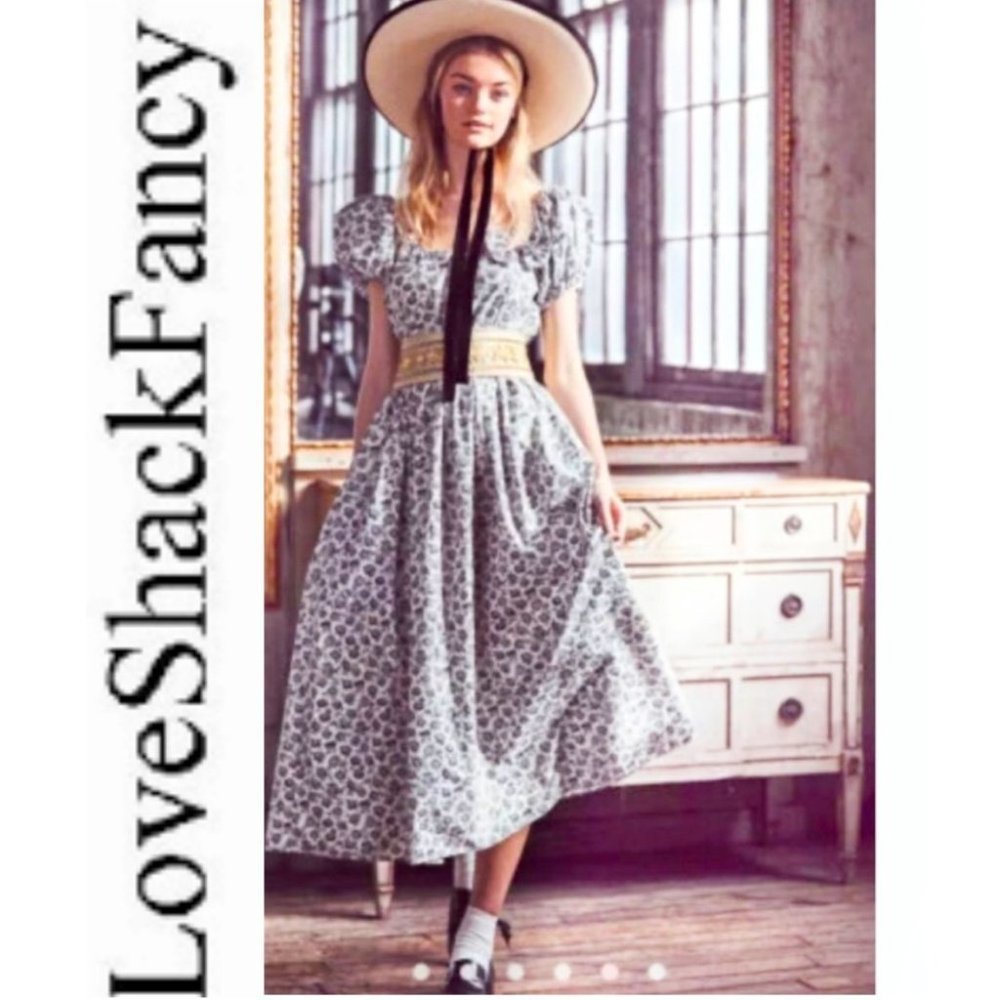 floral puff sleeve cotton-poplin midi dress